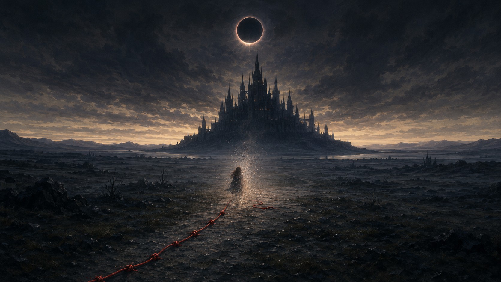 The hero dissolving into fading light beneath an eclipse, the red thread she laid still whole on the ground behind her, the dark castle now nearer