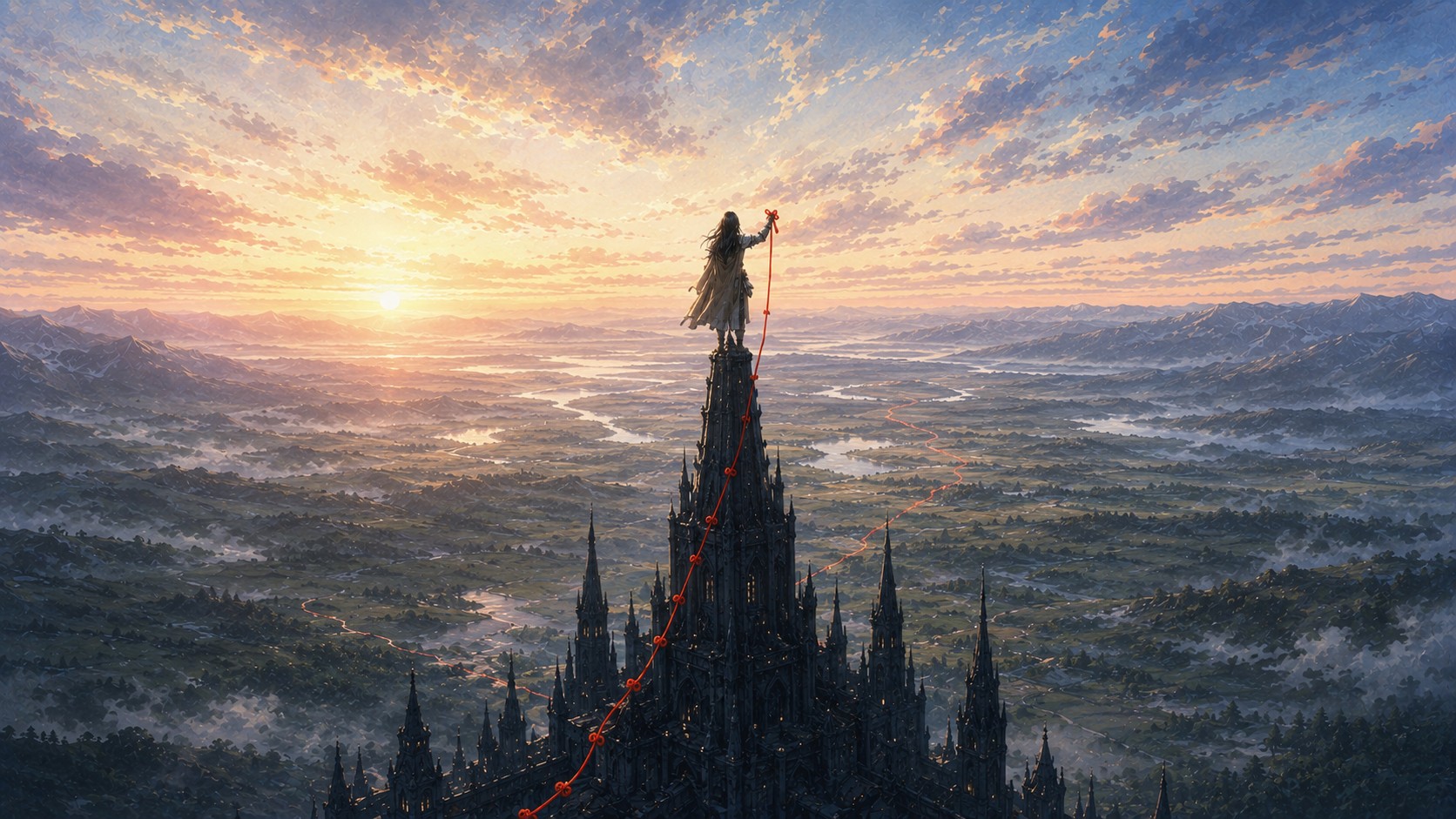 The hero at the castle summit at dawn, the red thread tied off in one final knot